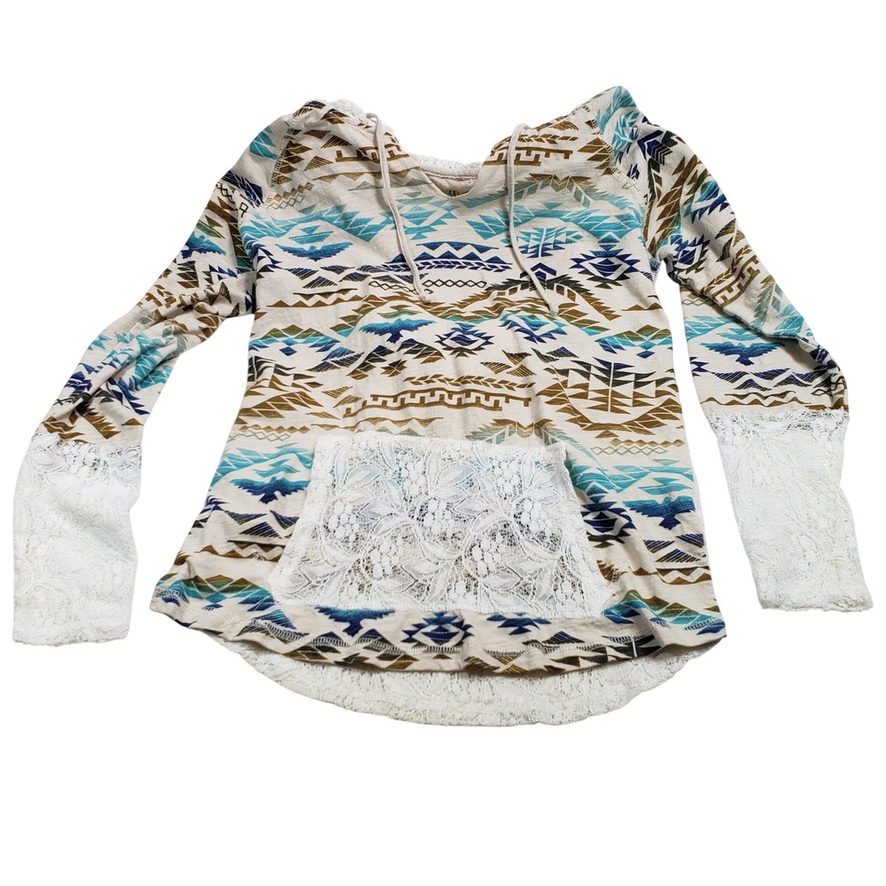 Panhandle Womens Southwestern Lace Back Hoodie‎ Size M Blue Brown White